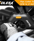 TOLESA pipe cutter tool, black body with orange thumb lever, for 3/16-2 in pipes.
