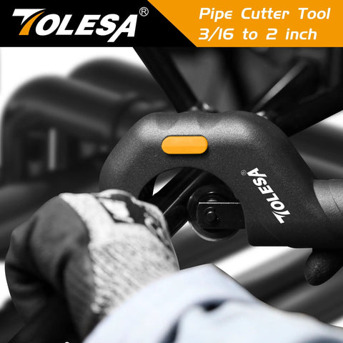 TOLESA pipe cutter tool, black body with orange thumb lever, for 3/16-2 in pipes.