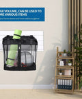 Front view of a large mesh slatwall basket with zipper, storing items, mounted on a wall. Two Pack Large Mesh Slatwall Baskets With Zipper For Mounted Storage And Hanging Display For Shops And Rooms, Durable Slatwall Organizers For Quick Access And Neat Organization, Size 16 Inch Long By 12 Inch Wide By 16 Inch High.