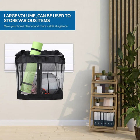 Front view of a large mesh slatwall basket with zipper, storing items, mounted on a wall. Two Pack Large Mesh Slatwall Baskets With Zipper For Mounted Storage And Hanging Display For Shops And Rooms, Durable Slatwall Organizers For Quick Access And Neat Organization, Size 16 Inch Long By 12 Inch Wide By 16 Inch High.