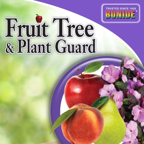 Fruit Tree And Plant Guard Concentrate 16 Oz Foliage Protector For Apple Trees Pear Trees Cherries Tomatoes Roses And More Pro Grade Heavy Duty Shield Against Aphids Japanese Beetles And Other Insects And Diseases label with apples, pears, and flowers displayed.