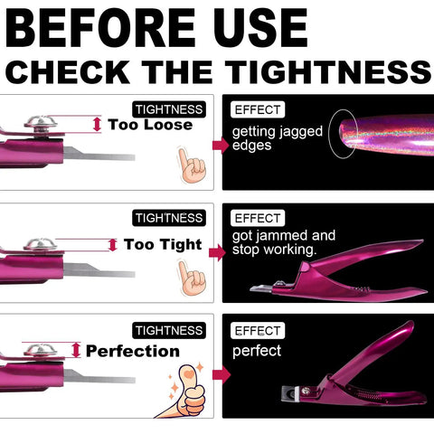 Diagram showing tightness settings for Premium Adjustable Nail Clippers With Magnets And Sizers For Acrylic Nails Stainless Steel