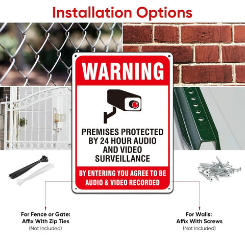Two Pack Heavy Duty Aluminum Security Warning Signs For Your Property Hella Bright Reflective Red And White Surveillance Notice installation options on various surfaces.