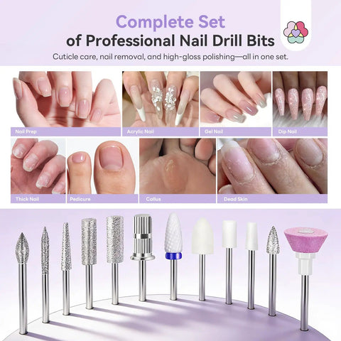 Complete set of professional nail drill bits for cuticle care, nail removal, high-gloss polishing, with various bit types.