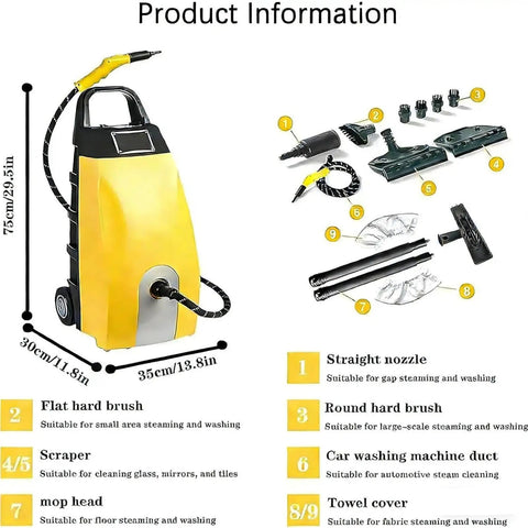 CUTPOIY 2500W High Pressure Steam Cleaner with six accessories and product information layout, including dimensions and tool uses.