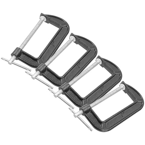Heavy Duty 6 Inch C Clamp Set Built Tough For Woodworking Welding And Building Projects With 3 Inch Throat Depth And Rust Resistant Coated Iron C Clamps For Real World Jobs, showing four black C clamps aligned diagonally with iron screws.