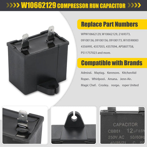 Refrigerator Start Relay And Run Capacitor Kit TSD2 W10662129 Replacement with compatible brands and part numbers shown