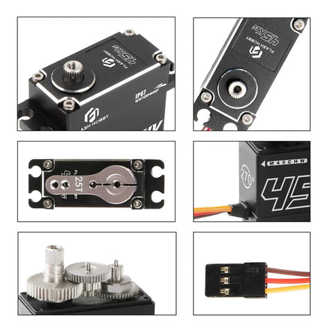 Beefy 45KgCm Coreless RC Servo, full metal gears, IP67 waterproof, close-up on 270-degree steering and wiring for RC cars and robots