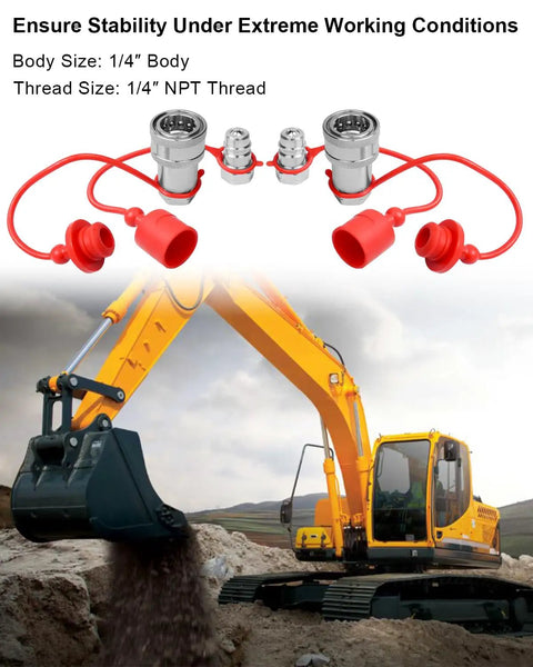 1/4 Inch Agricultural Hydraulic Quick Connect Tractor Coupler ISO 7241-A, Leak-Proof Sealed High-Pressure Quick Disconnect for Pro-Grade Tractor Hydraulics and Farm Equipment, 1/4 inch NPT, with caps on excavator hose fittings