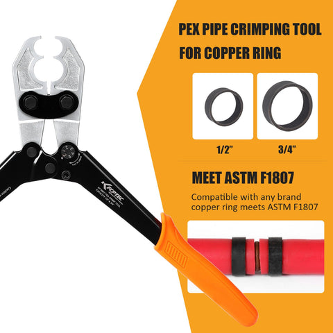 PEX Crimping Tool For One Half And Three Quarter Inch Copper Rings With Go No Go Gauge Meets ASTM F1807 Standard