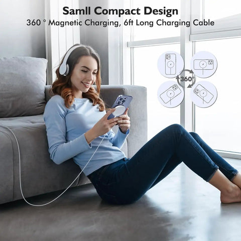 Woman using Fast Magnetic Wireless Charger Kit For iPhone 17 16 Pro Max Plus with 6 ft cable for on-the-go power.