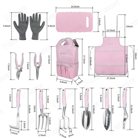 Pink 12 Piece Garden Tool Set With Aluminum Hand Tools Non Slip Handles Includes Kneeling Pad Apron Gloves And Organizer Bag