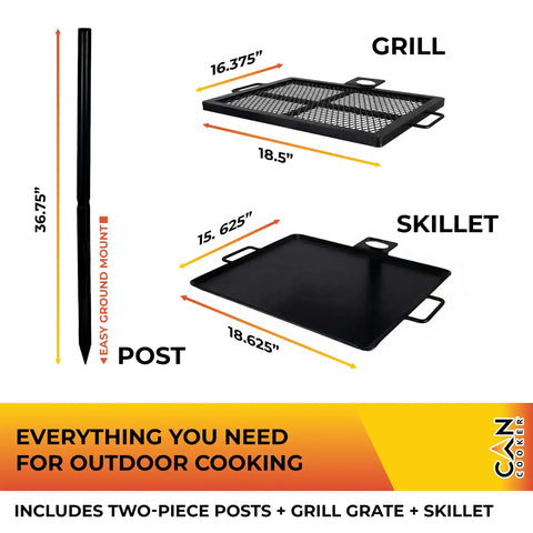 Open Flame Campfire Grill And Skillet Combo For Outdoor Cooking with measurements and components on display