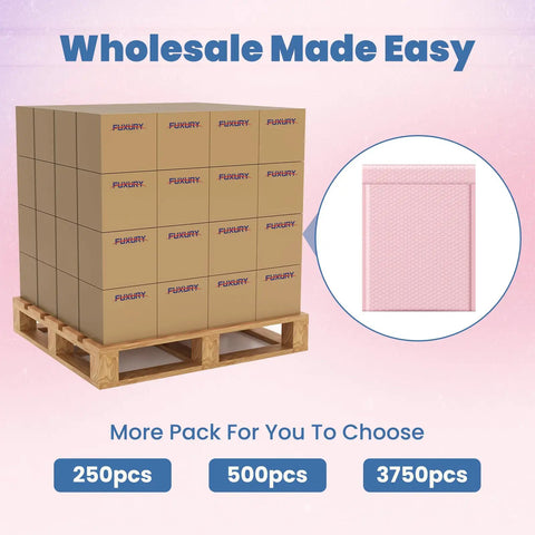 Bulk boxes next to a single light pink bubble mailer showcasing packaging options for Bubble Mailers 10x13 Inch Light Pink 25 Pack Opaque Padded Envelopes For Clothing Books Makeup And Accessories Self Seal Shipping Bags For Small Business.