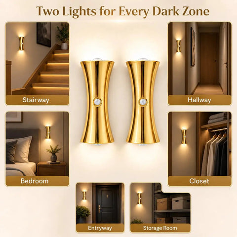 2 Pack Rechargeable Wall Sconces with Motion Sensor and Magnetic Mount mounted in stairway and hallway, providing warm glow for dark areas.