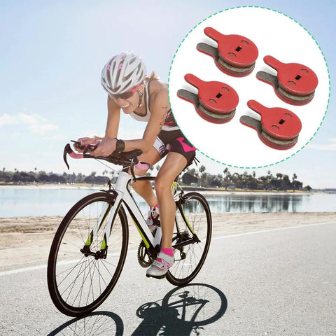 Cyclist riding, inset shows Bike Disc Brake Pads Resin Bonded Semi Metal For Smooth Quiet Braking Replacement Kit For Mountain Bikes