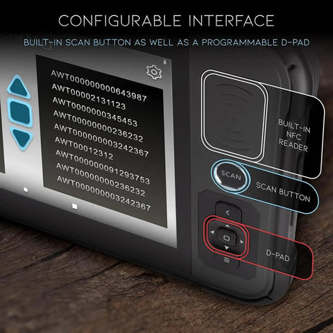 Close-up of Rugged Android RFID Scanner Tablet Workhorse With Impinj E710 UHF Reader showing scan button and D-pad interface