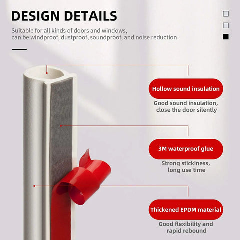 Close-up of Weather Stripping For Doors And Windows With Self Adhesive Backing, Easy Cut To Size, White 18 Feet, showing design details.
