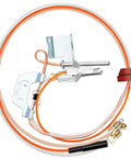 Front view of natural gas water heater pilot assembly with copper tubing, metal bracket, and gas fittings.