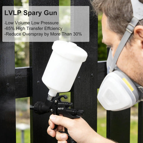 Built Tough Premium LVLP Paint Spray Gun Featuring Slick Teflon Coated Aluminum Body With Three Interchangeable Tips delivering precise painting on a black fence.