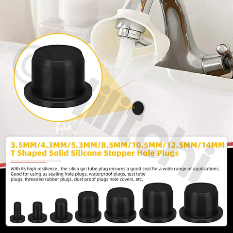 Rock Solid 100Pcs Silicone Hole Plugs Assortment Kit With 7 Sizes For Powder Coating And Plating Jobs High Temp Waterproof Stopper T-Shaped Seals In Black To Keep Your Holes Gapping Safe. black silicone T-shaped hole plug set, 7 sizes 3.5-14 mm