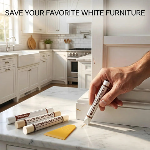 Make Your Furniture Look Spotless Straight Up With Premium White Wood Repair Wax Sticks And Seamless Wood Filler Putty To Hide Scratches Cabinet Gouges Fast DIY Kit with wood filler sticks on countertop.