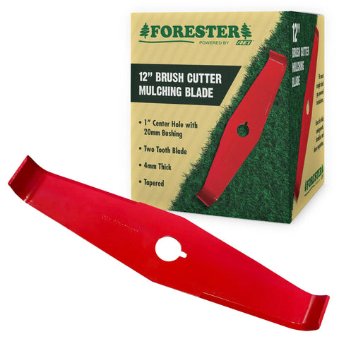 12 Inch Universal Mulching Blade For Weedeater And Brush Cutter Attachment, tapered steel, with packaging showing features