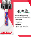 Spektra Extreme Tool Life USA Made Solid Carbide CNC Down Cut Spiral Plunge Router Bit 46216-K with text about applications