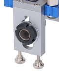 Close-up view of Woodworking Dowel Jig Kit Drill Guide Locator Pro Grade Adjustable Multifunctional Tool with metal and blue parts.