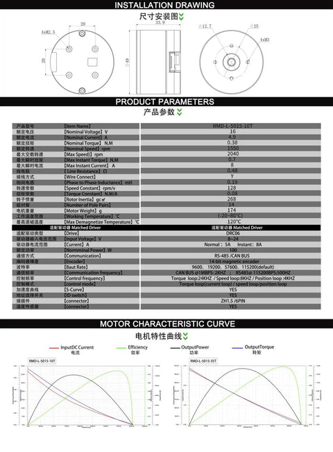 Technical diagram and charts of the Integrated Direct Drive Micro Brushless Servo Motor RMD L 5015 10T Beefy Torque 100W 16V
