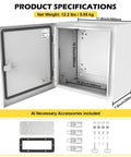 Heavy Duty Steel Electrical Junction Box 12X10X8 Inch IP66 Waterproof And Dustproof Outdoor Indoor Project Enclosure with Mounting Plate open to show specifications.