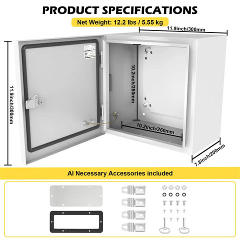 Heavy Duty Steel Electrical Junction Box 12X10X8 Inch IP66 Waterproof And Dustproof Outdoor Indoor Project Enclosure with Mounting Plate open to show specifications.