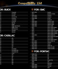 Compatibility list for No Hassle Tpms Relearn Tool For Gm Cars El 50448 detailing models for Buick, GMC, Cadillac, and Pontiac.