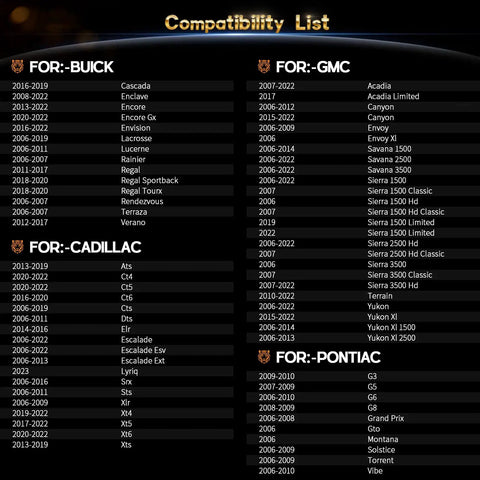 Compatibility list for No Hassle Tpms Relearn Tool For Gm Cars El 50448 detailing models for Buick, GMC, Cadillac, and Pontiac.