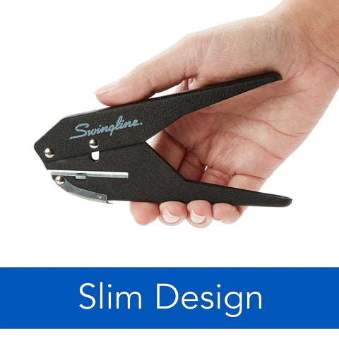 One Hole Paper Punch With 20 Sheet Capacity Low Effort Plier Design shown in hand, black finish, compact slim design.