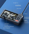 Close-up of 50 Foot Sewer Inspection Camera With Dual Lens Endoscope And Lights 1080P 5 Inch IPS Screen showing buttons and ports.