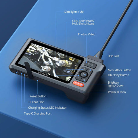 Close-up of 50 Foot Sewer Inspection Camera With Dual Lens Endoscope And Lights 1080P 5 Inch IPS Screen showing buttons and ports.