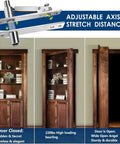 Rock Solid Heavy Duty Pivot Hinge Set For Secret Doors And Hidden Compartments, shown installed on a wooden bookshelf door, open and closed views.
