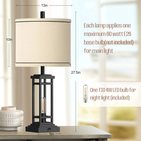 Set Of 2 Dope Farmhouse Table Lamps With USB Ports And Charge Jacks, 27.5 Inch Tall Bedside Lights, shown in living room setting