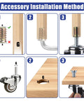 Installation guide for Heavy Duty 1.5 Inch Threaded Stem Caster Wheels With M8x20mm Swivel Screw Base set up on furniture.