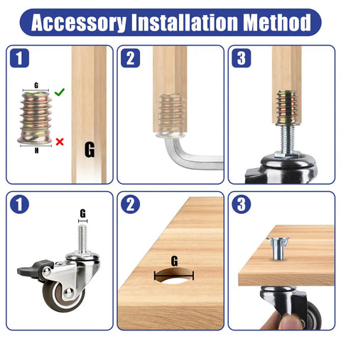 Installation guide for Heavy Duty 1.5 Inch Threaded Stem Caster Wheels With M8x20mm Swivel Screw Base set up on furniture.