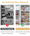 Comparison image of messy vs organized fridge with adjustable egg tray for refrigerator with pull out drawer design food grade PP.