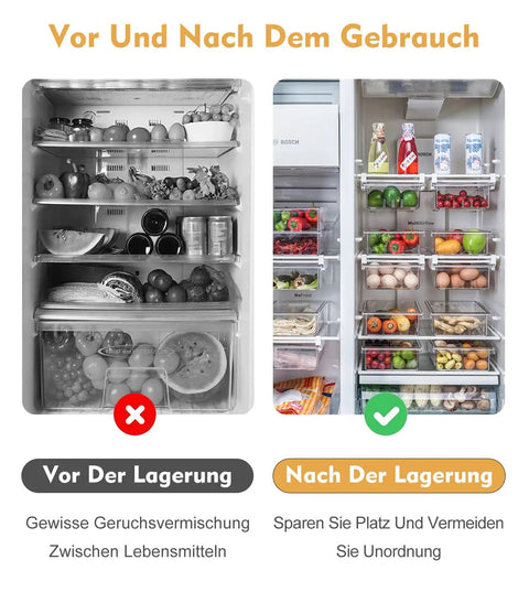 Comparison image of messy vs organized fridge with adjustable egg tray for refrigerator with pull out drawer design food grade PP.