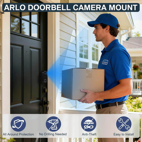 Adhesive No Drill Doorbell Camera Mount For Arlo Video Doorbell 2K Second Gen installed on door with delivery person nearby