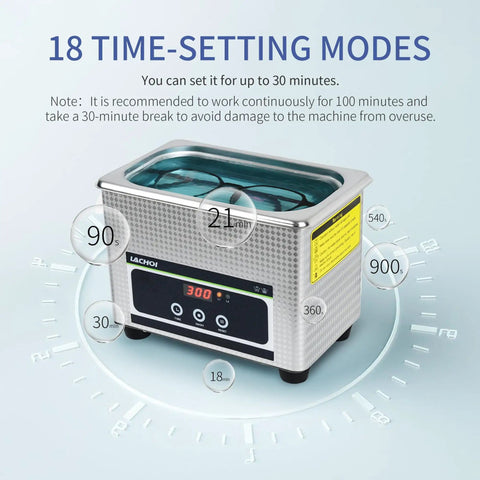 800Ml Ultrasonic Cleaner With Timer 40KHz Digital Jewelry Cleaner Sonic Cleaning Machine showing 18 time-setting modes.