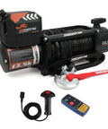 Huge 13500 Lb Electric Winch with 6.4HP motor, synthetic rope, and remote control for truck recovery and towing.