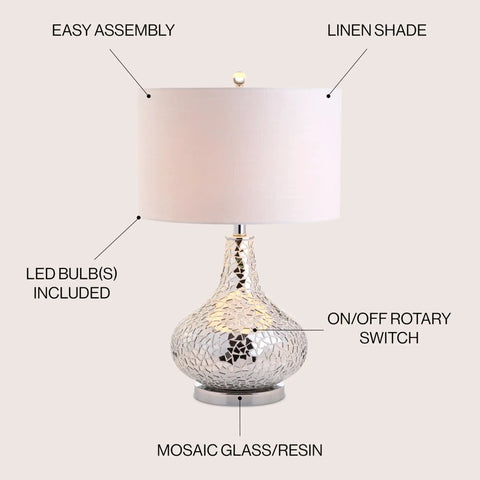 Emilia 26 Inch Mirrored Mosaic LED Table Lamp Contemporary Glam Bedside Desk Nightstand Light with soft white bulb
