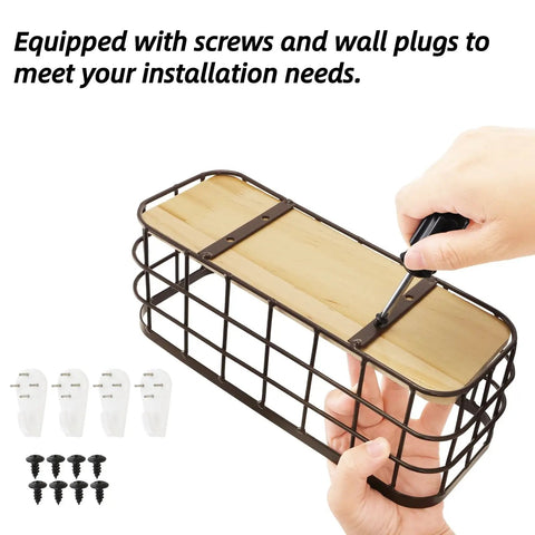 Installing a Set Of 2 Small Wire Baskets For Countertop Storage, Rustic Farmhouse Style Organizer Trays with included screws and plugs.