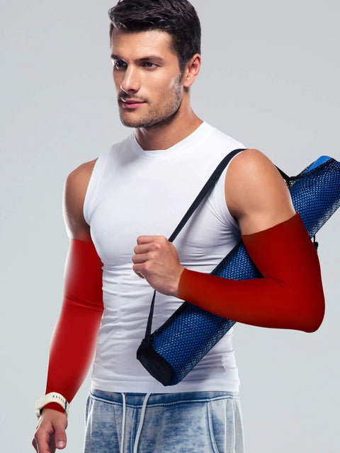 Man wearing red Unisex UV Protection Arm Sleeves Set 12 Pairs Long Cooling Cover For Outdoor Adventures.