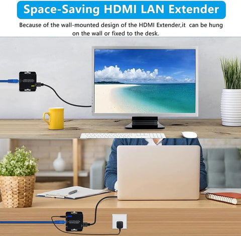 Huge 200 Foot Hdm Extender Over Cat6 Cat7 Ethernet Cable that connects PC to screen with wall-mounted design and clear 1080p output.